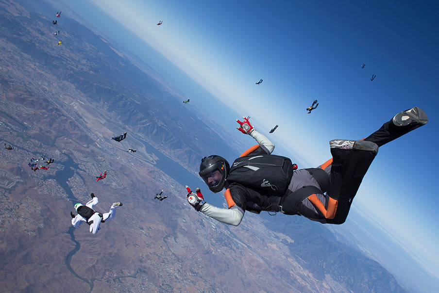 A skydiver flies through the air.