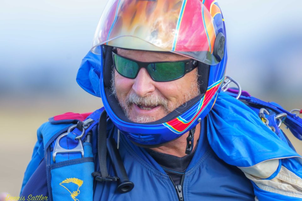 Experienced skydiver Marty Jones smiles after landing