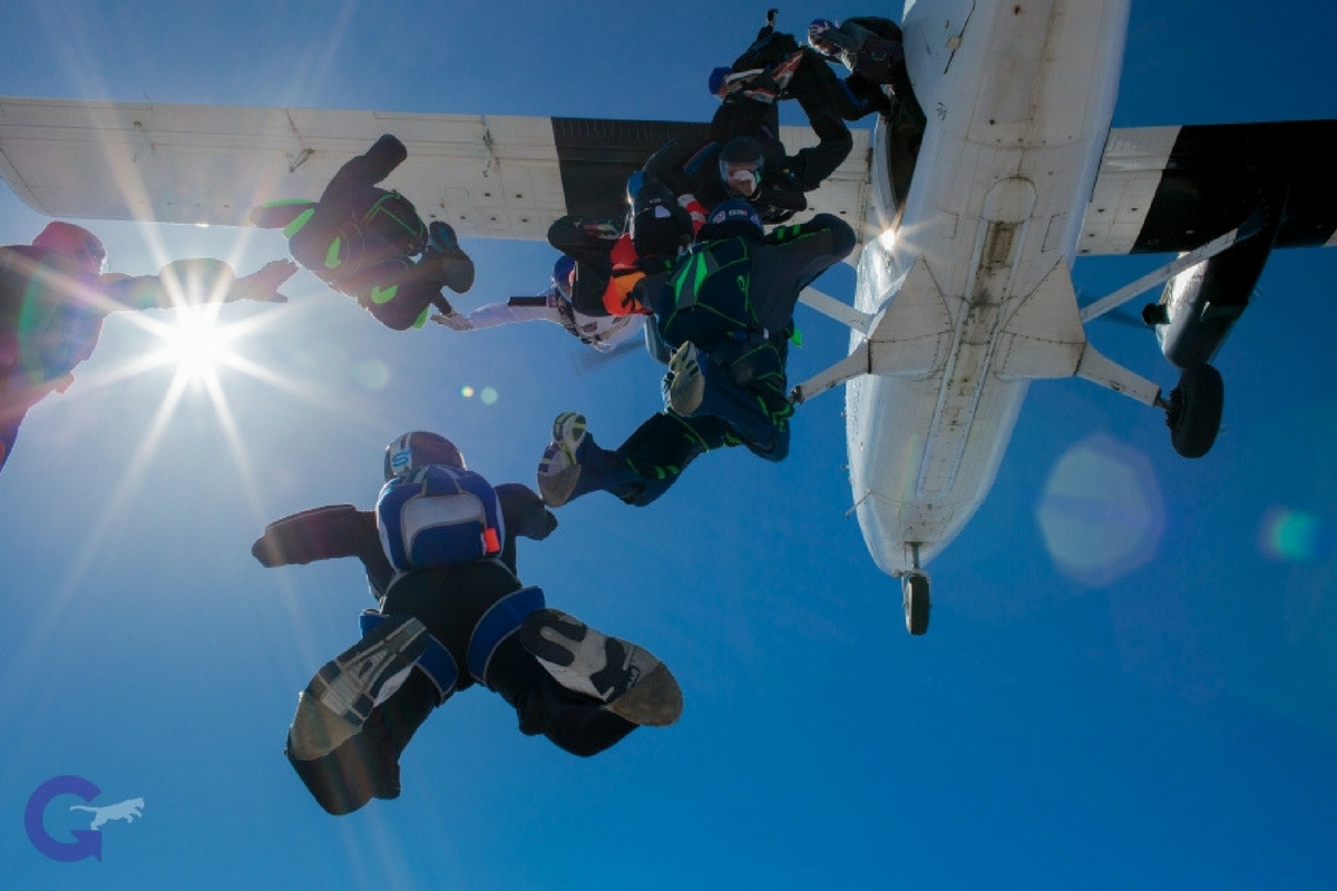 A group of skydivers jump from a plane.