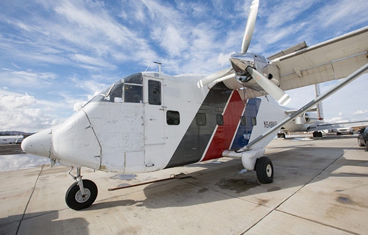 A Shorts SkyVan parked on the tarmac at Skydive Perris