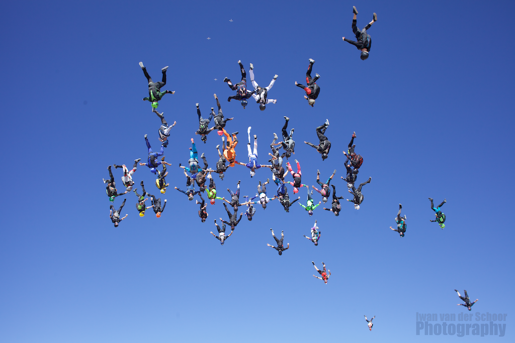 A group of skydivers in a vertical formation.